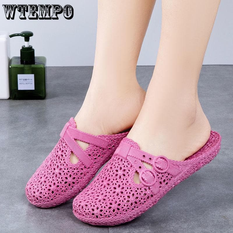 PVC Slides Women's Outer Wear Holey Shoes Summer Soft Bottom Thick Bottom Sandals Home Bathroom Hollow Wrapped Toe Slipper Outdoor Beach Flip-flops 36 lavender