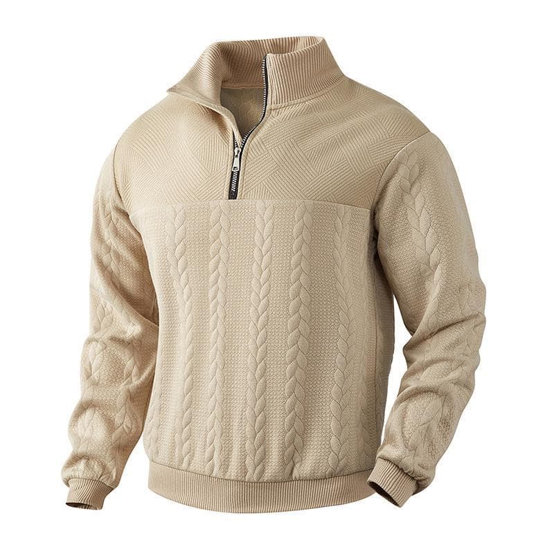 American Retro Knit Jacquard Stand-Up Collar Pullover – Loose-Fit Autumn/Winter Long-Sleeve Sweatshirt M khaki