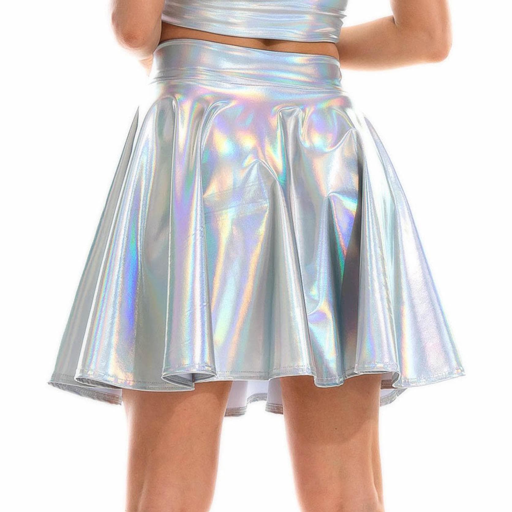Women Streetwear High Waist Flare Skirt Club Stage Costume Party Dancewear Shiny Miniskirt Punk Party Clubwear S silver