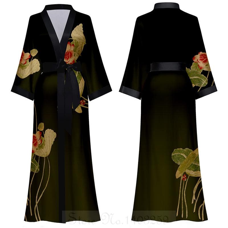 Chinese Style Print Women Long Robe Nightgown Retro Satin Sleepwear Nightdress Half Sleeve Kimono Bathrobe Gown Loose Home Wear One size