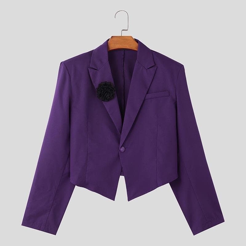 INCERUN Men Lapel Neck Long Sleeve One Button Floral Irregular Blazer Short Coats L purple