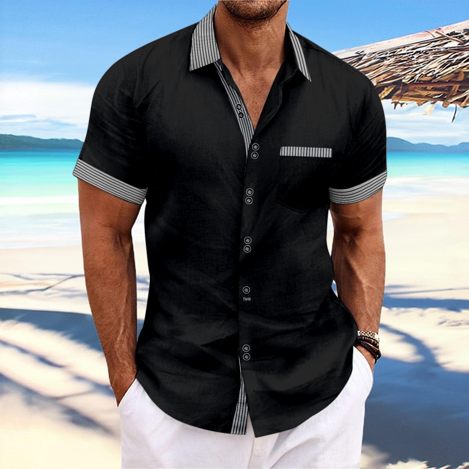 Men's 2024 Summer Fashion Striped Slim Fit Double-Button Business Casual Short-Sleeve Shirt S black