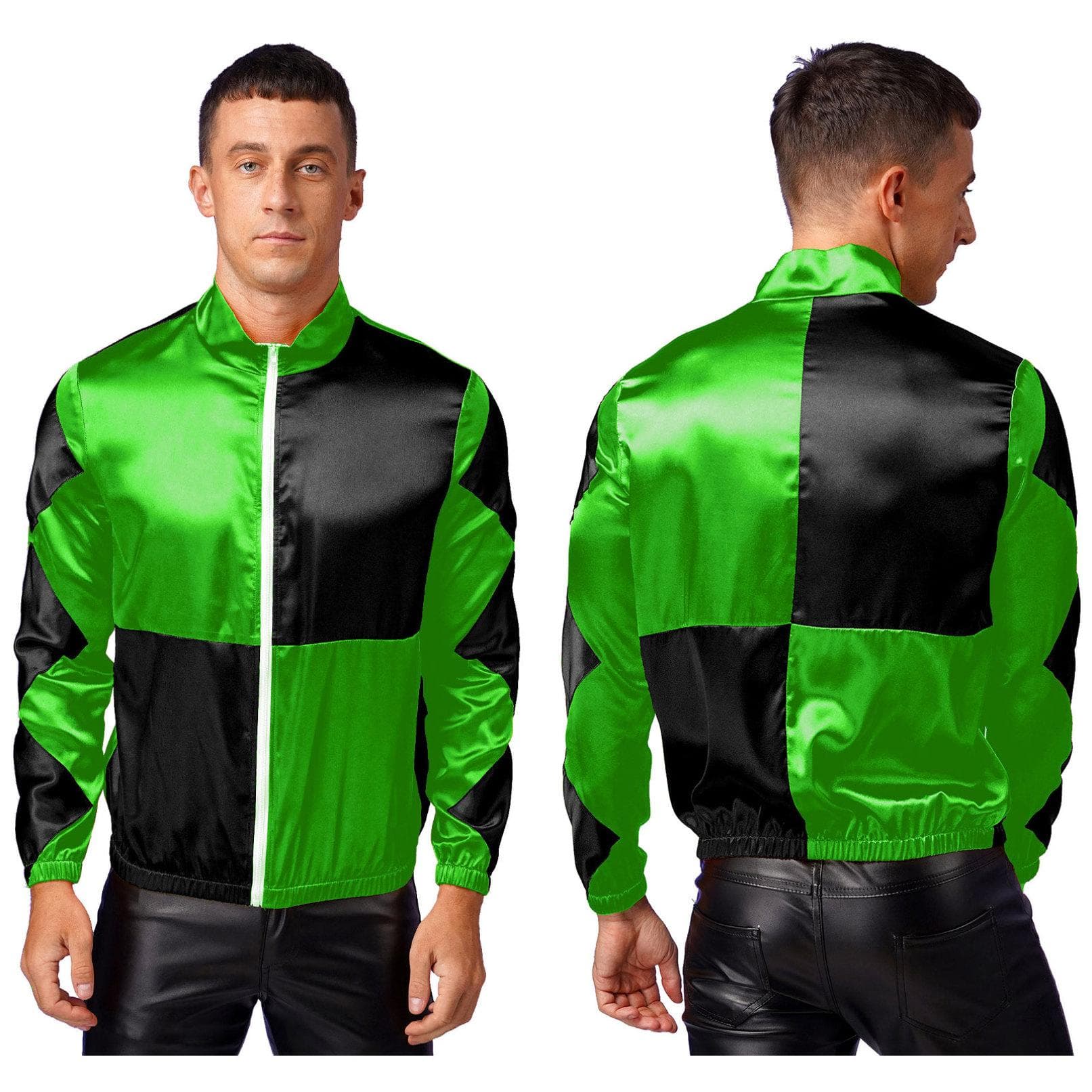 Men‘s Color Block Horse Jockey Costume Horse Rider Racing Outerwear Sports Stage Play Jacket 3XL black/green