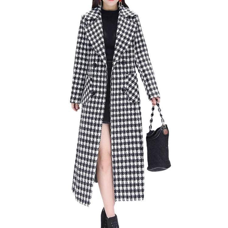 New Plaid Woolen Coat Women's Mid-length Slim Fit Houndstooth Plaid Woolen Coat 2XL