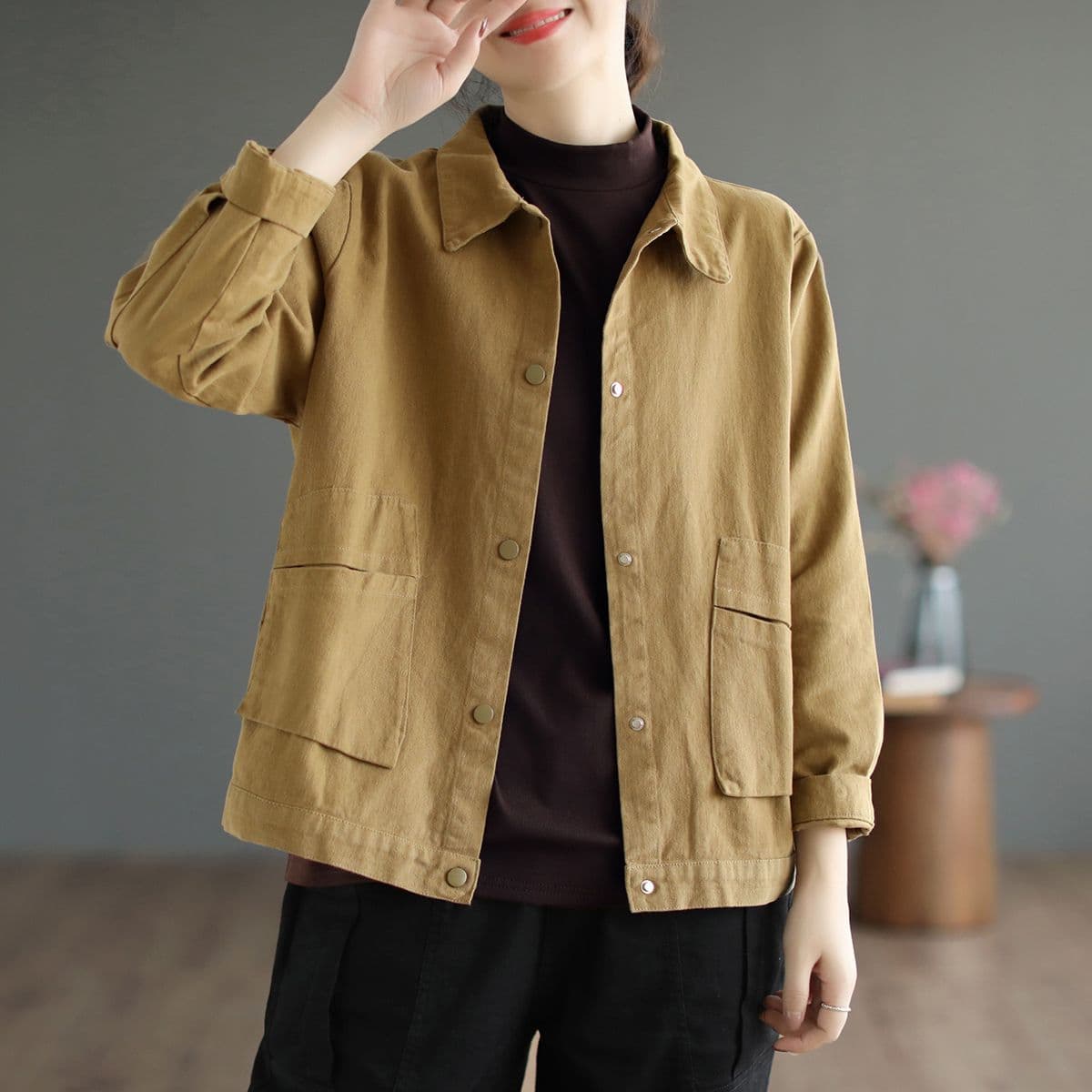 Women Casual Short Jackets Autumn Vintage Style Solid Color All-match Loose Female Cotton Outerwear Coats L khaki