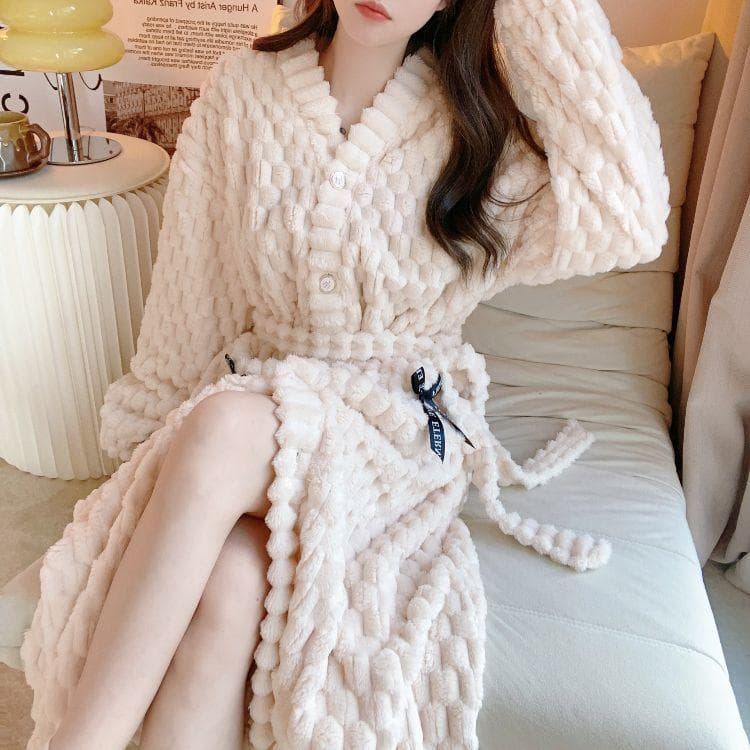 Hot Pink Kimono Thicken Coral Fleece Nightgown Women Loose Sleepwear Long Robes with Pocket Lady Autumn Winter New Bathrobe XL