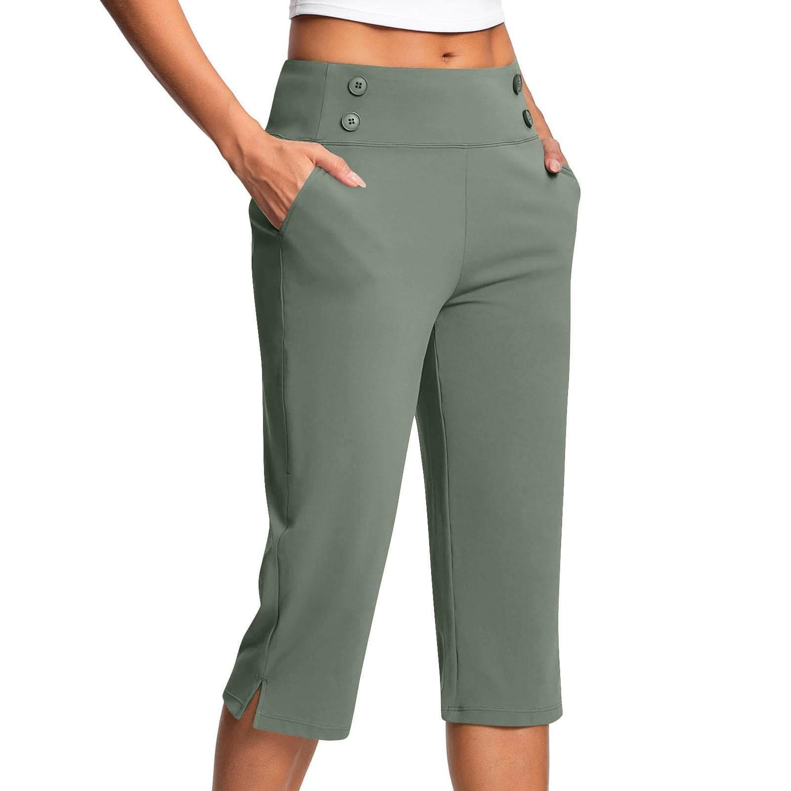 Women's Fashionable Solid Color Button Pocket Pants With Split Hems High Waist Sports Yoga Casual Cropped Pants M green