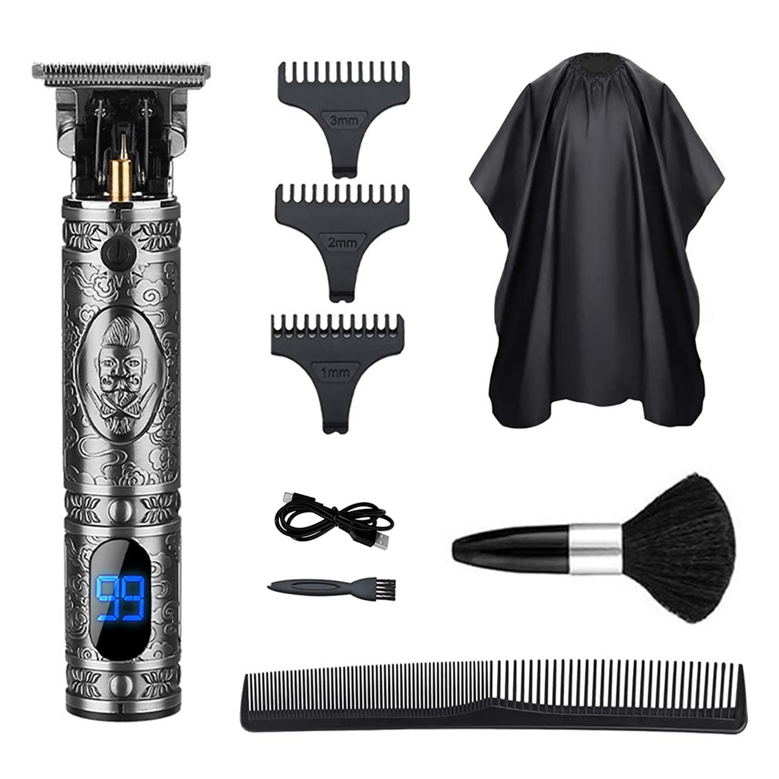 4pcs/set Hair Cutting Kit Electric Clippers LCD Digital Display Home Hair Trimmer USB Rechargeable grey