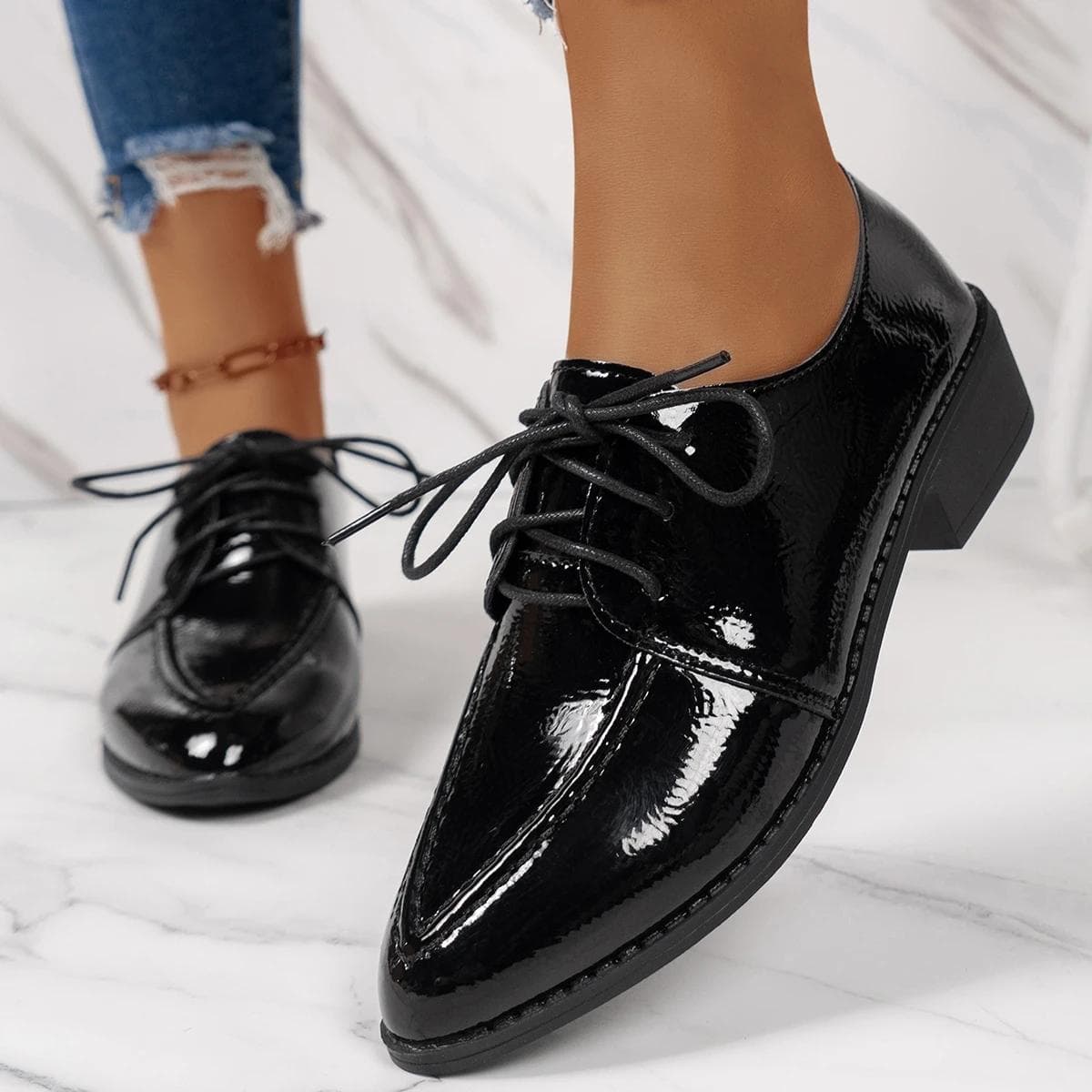 Elegant Patent Leather Dress Shoes for Women Spring Summer Fashion Pointed Toe Thick Heels Single Shoes Plus Size 43 42