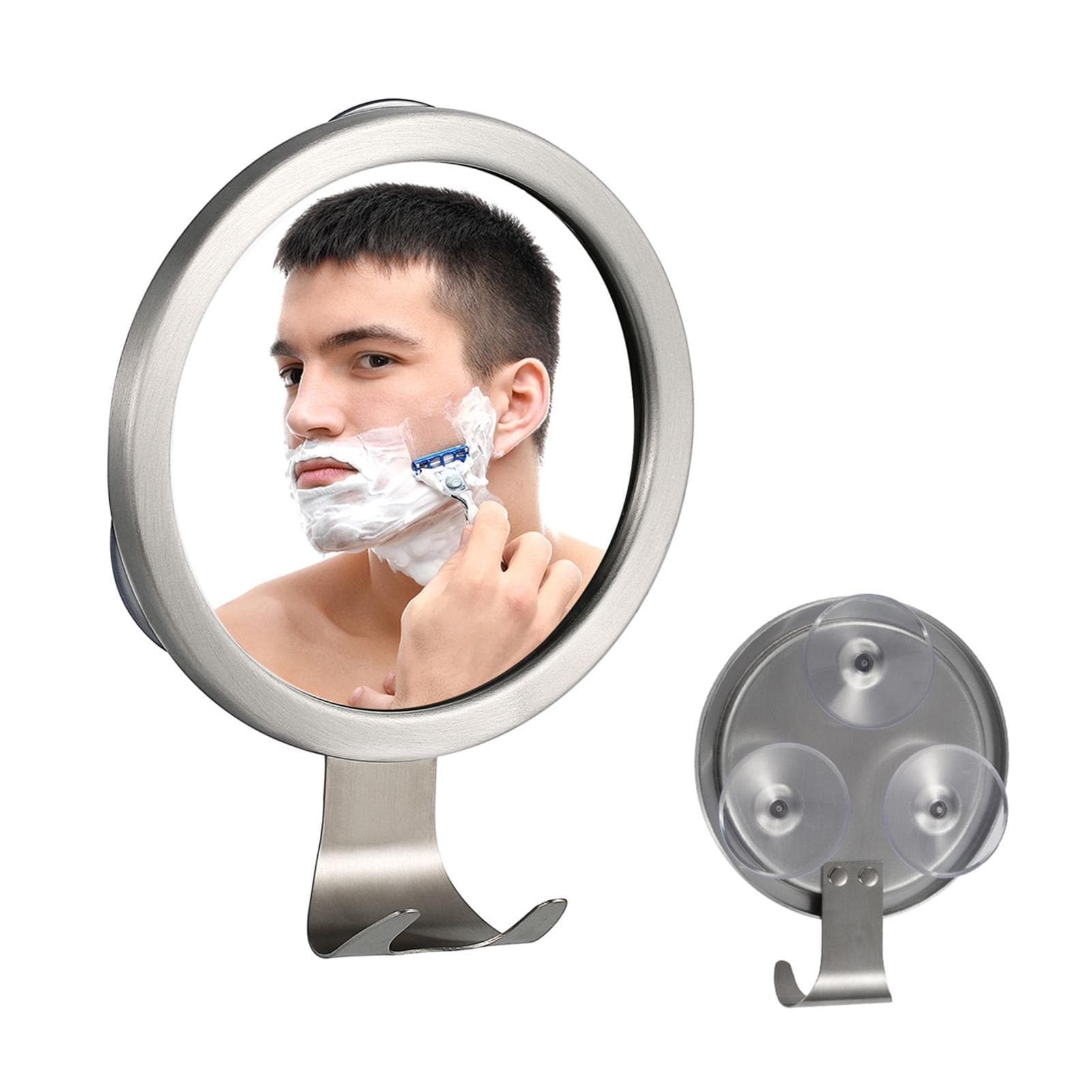 Bathroom Fogless Mirror Shower Shaving Mirror with Suction Cup Wall Mount with Razor Hook silver