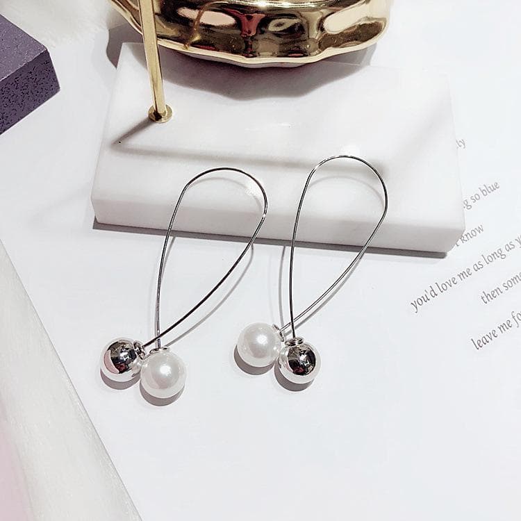 Temperament Double-sided Long Earrings Women's Cute Metal Minimalist Handmade Pearl Earrings silver