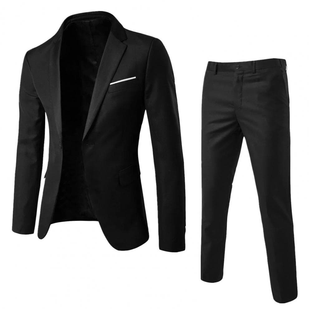 2Pcs/Set Men Slim Fit Suit Set Lapel Long Sleeve Single Button Suit Coat Mid-rise Long Pants Set Solid Color Business Outfit L black