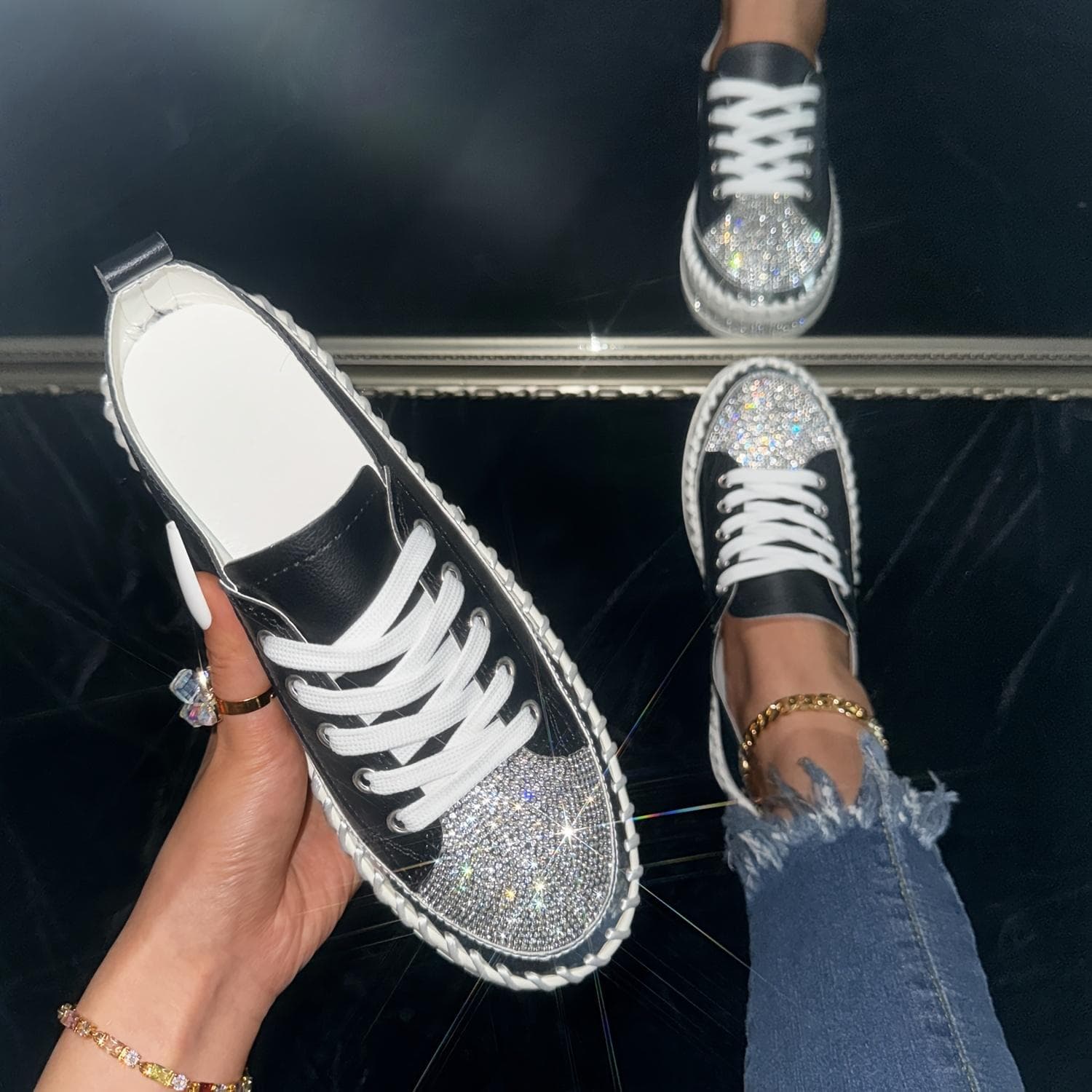 Women's Rhinestone Flat Sneakers - Stylish Lace Up Low Top Shoes for Outdoor Activities 42 black