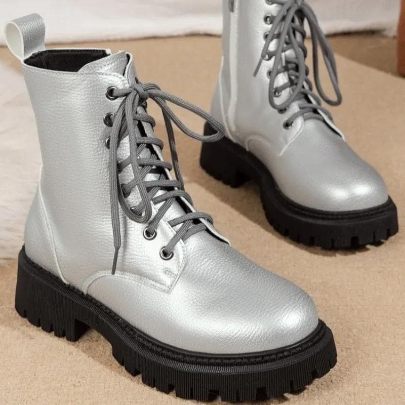 Shoes for Women 2024 Winter New High Quality Silver Women's Boots Anti-slip and Wear-resistant Ladies High-top Motorcycle Boots 40 silver