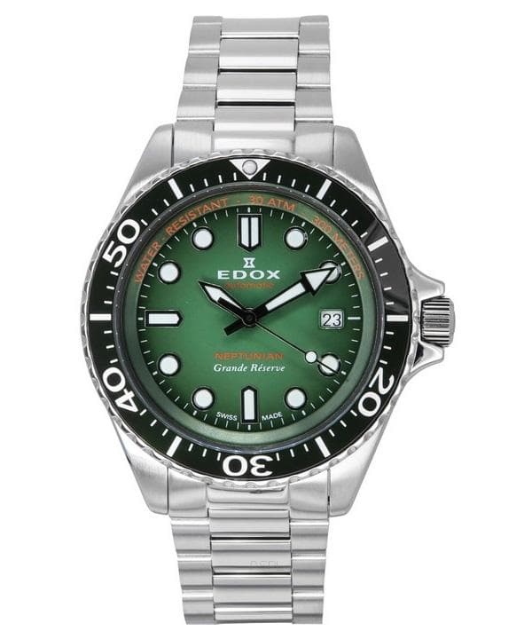 Edox Neptunian Grande Reserve Date Green Dial Automatic Diver's 808013VMVDN 300M Men's Watch green