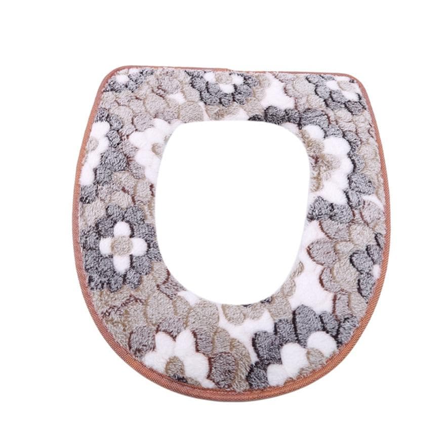 Waterproof Universal Big Flower Coral Velvet Toilet Seat Cushion Velcro Toilet Seat Cover Household Toilet Seat coffee
