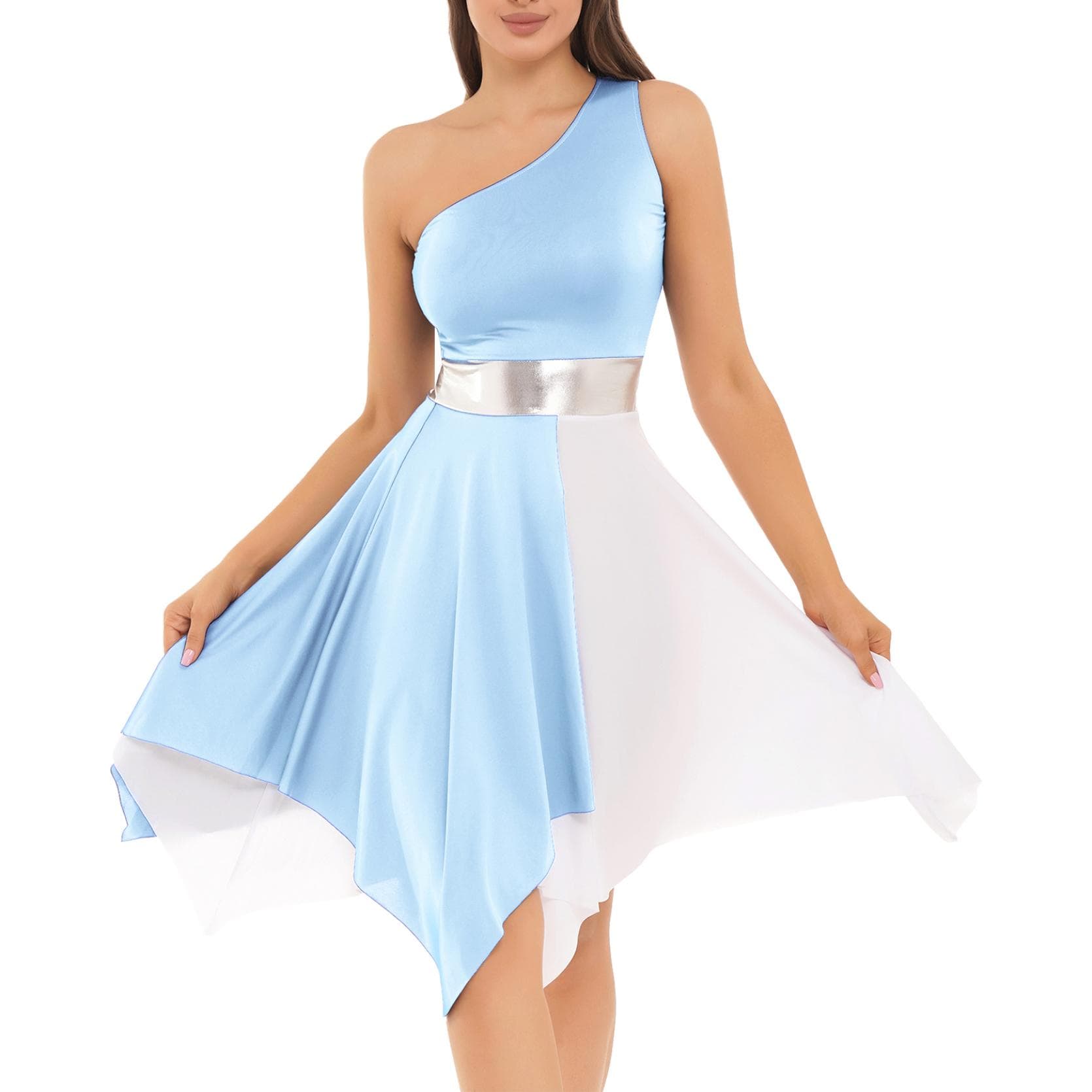 Womens One Shoulder Color Block Dance Dress Patchwork Asymmetrical Hem Sleeveless Dresses Dancewear XL light blue