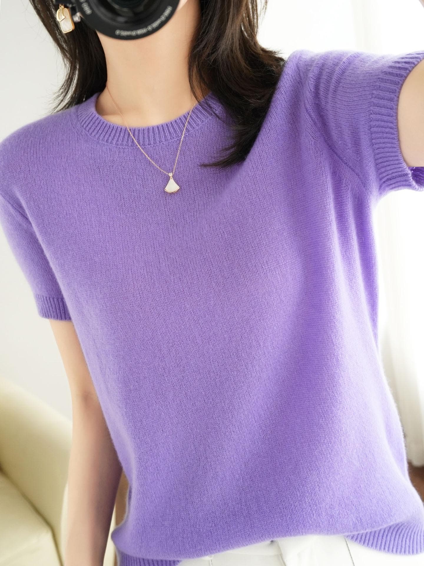 Women's Short-Sleeve Knit Pullover - Round Neck, Loose Fit for Spring & Autumn L