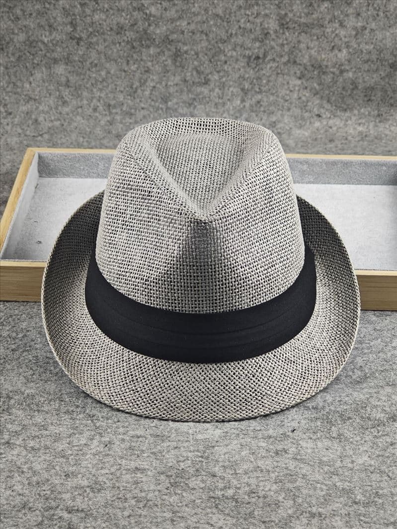 Stiff and stylish straw top hat British fan jazz hat big head circumference men's hat summer sun protection shade couple hat Large L59-61cm gray