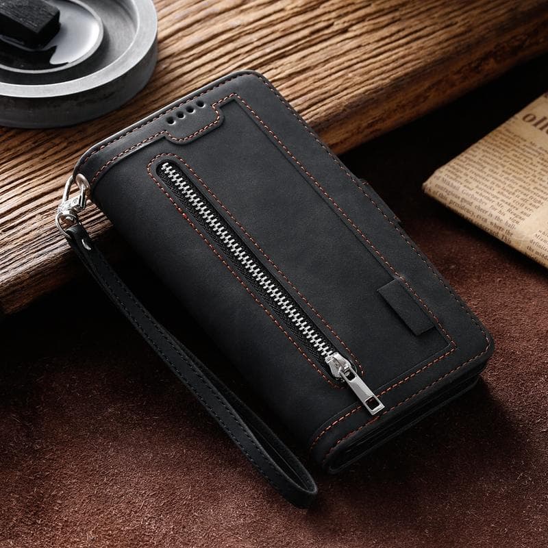 Luxury Glitter Wallet Case with 9 Card Slots for Samsung iPhone Huawei Xiaomi Redmi Zipper Leather Flip Cover Redmi Note 9 black