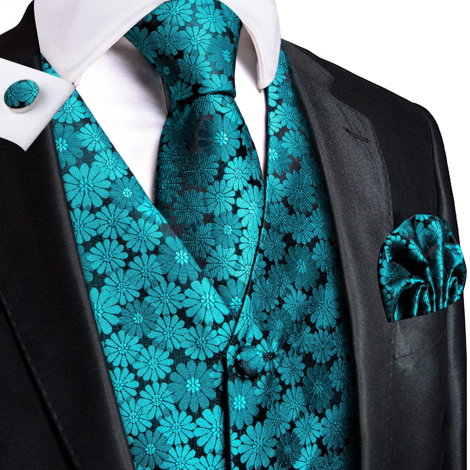 Hi-Tie Mens Waistcoat Silk Paisley Floral Tie Handkerchief Cufflinks SET Formal 3XL