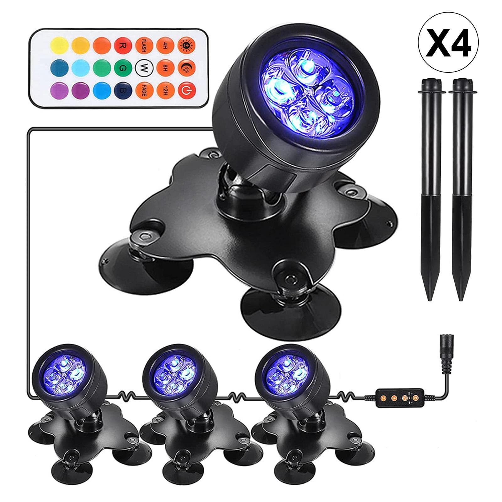 RGB Underwater Diving Lamp Light Kit Set with Remote Controller Line Control Rotatable Illumination US Plug & 4pcs