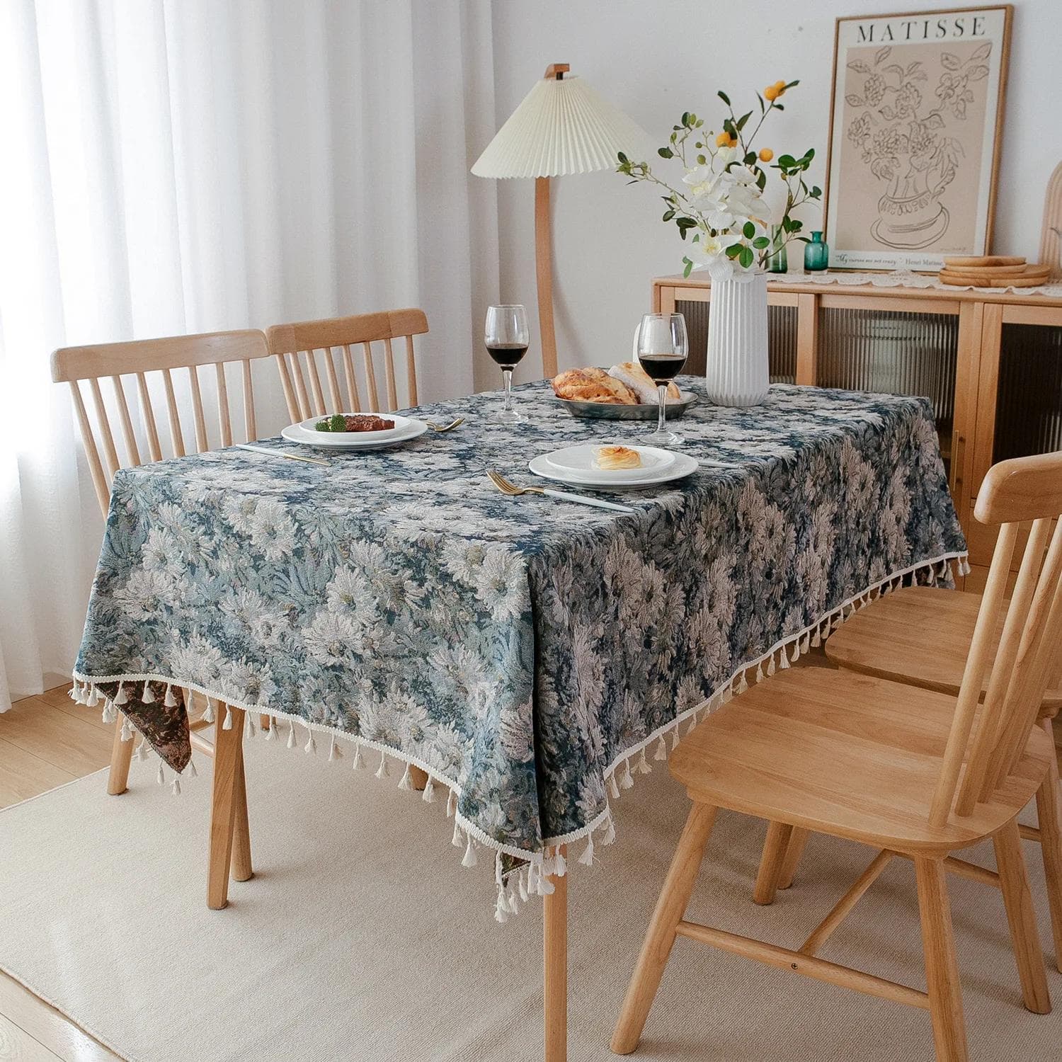 Tassel Edge Cotton Linen Table Cover Red Holiday Jacquard Dining Tablecloth Flower Pattern Dustproof Tablecloth Background Cloth 140x180cm 1pcs