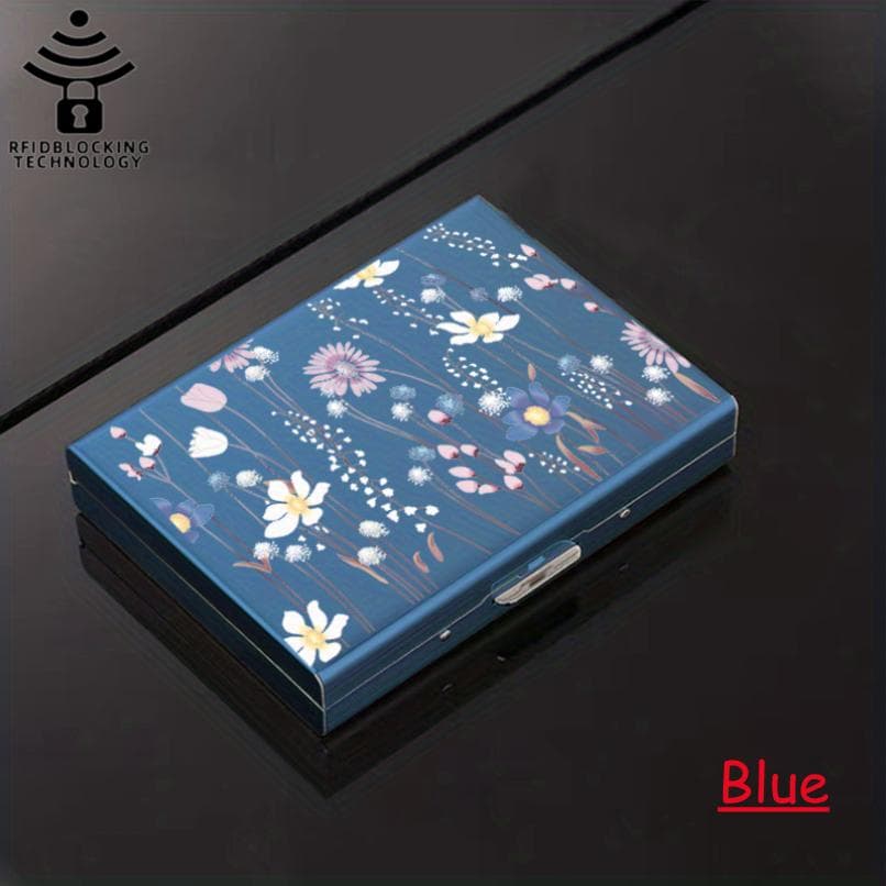 New's 6/8/10 Cards RFID Aluminum Alloy Portable Hardside Credit Card Holder, Women Metal Credit Card Case, Versatile Storage Bag, Floral Pattern Bag 10 card slots 10*7.5*2cm blue