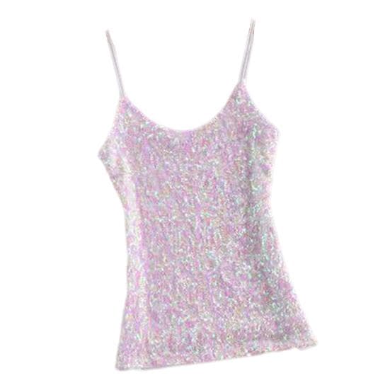 Women Summer Vest Top Shiny Sequin Sleeveless Adjustable Spaghetti Strap Slim Fit Soft Pullover Elastic Sparkling Stage Performance Tank Top white