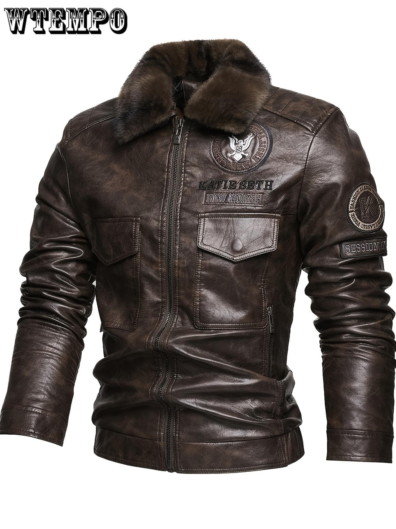 1pc Men'S Casual Faux Leather Motorcycle Jacket with Lapel Collar, Solid Color, Zipper Closure, Cotton Lined, Non-Stretch Fabric, Woven, Regular Fit XXXXXL coffee
