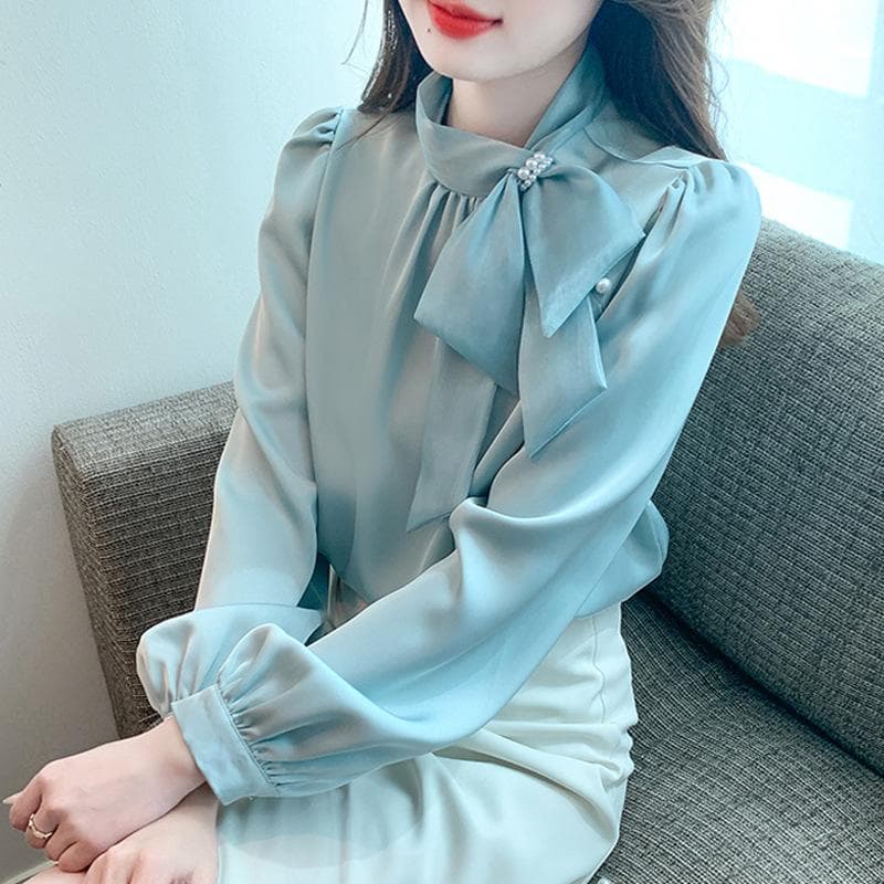 Bow Streamer Sweet Shirt for Women New Autumn and Winter Satin Draped Base Shirt Long Sleeve Slim Top XL blue