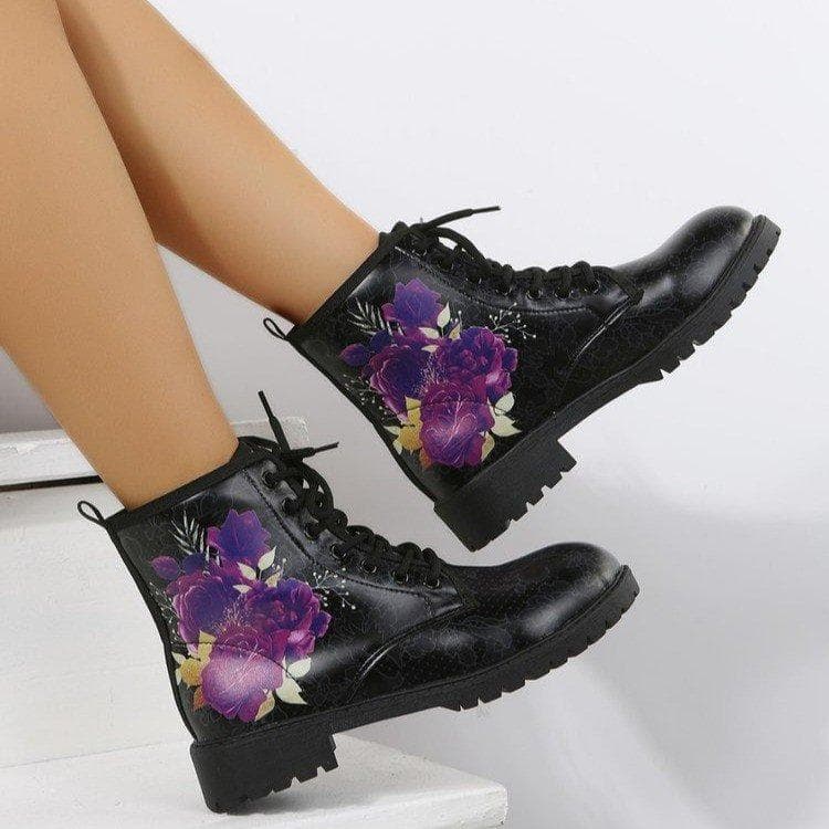 Gothic Printed Women Boots New Autumn Winter Large Size Leather Boots Women Shoes Fashion Lace Up Platform Boots Halloween Shoes 41