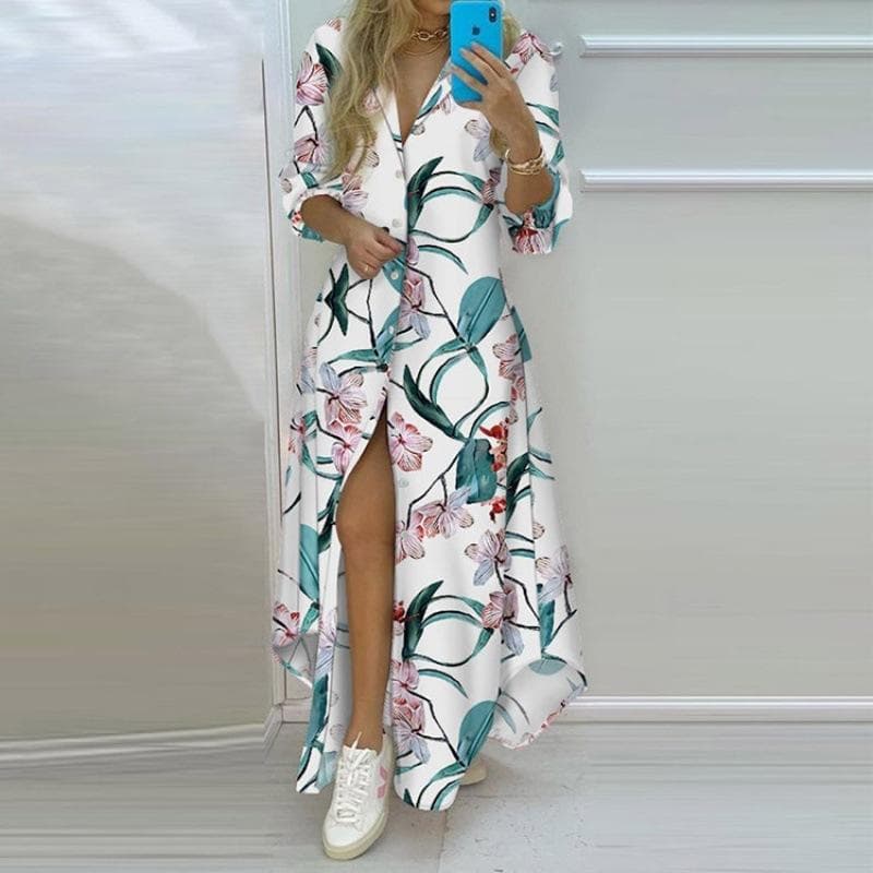 QICED Spring Women's Temperament Printed Single-breasted Split Shirt Dress Long Skirt S