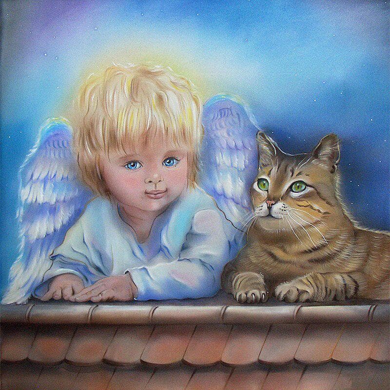 5d Diamond Painting Full Round Cute Angel with Animal Cat Diamond Embroidery 30x30CM