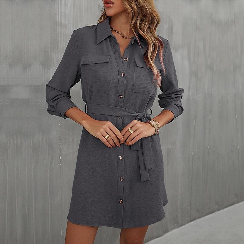 Spring and Autumn Women's Dress Cardigan Shirt Lapel Commuter Tie Shirt Long Sleeve Dresses XL dark gray