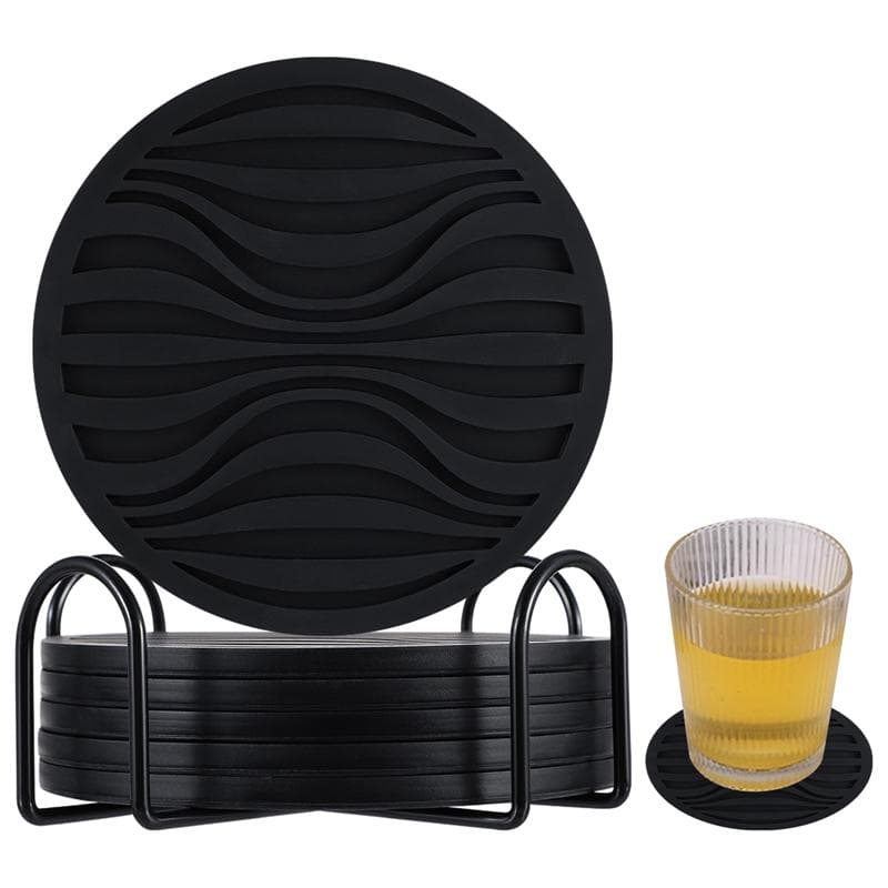 6PCS/Set Silicone Drinking Coasters With Metal Holder Stand Non-Slip Drink Coffee Cup Round Cup Mat Jar Gripper Pads Tableware M&Round