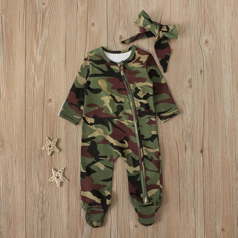 Infant Toddlers Baby Boys Long Sleeve Camouflage One-piece Romper Headband Two-piece Suits M/70