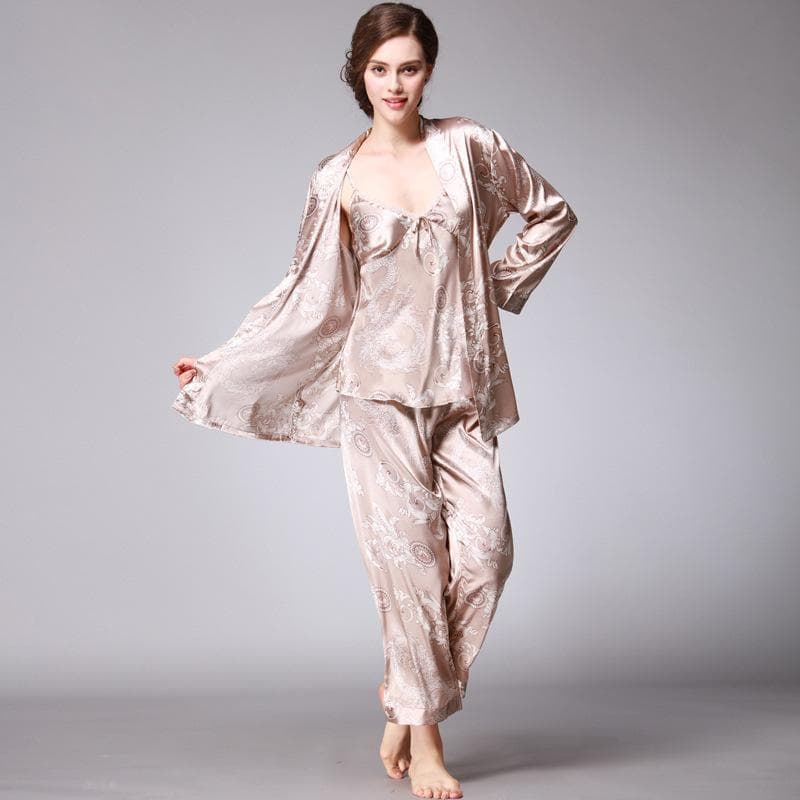 Women's Silk Satin Pajamas Set 3 Pcs Floral Silky Pj Sets Sleepwear Cami Nightwear with Robe and Pant M