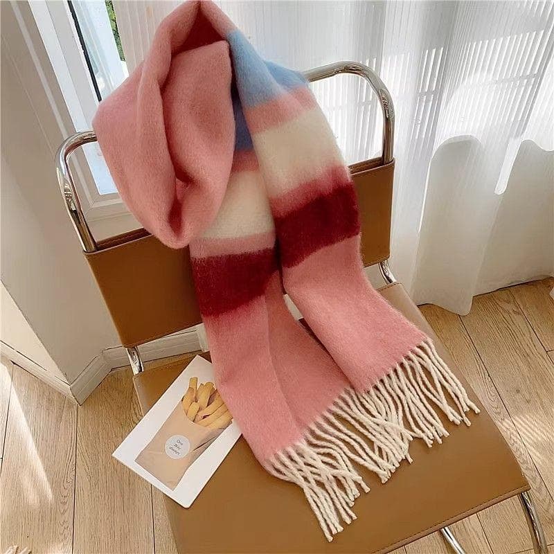 Winter Dopamine Rainbow Striped Thick Warm Brushed Fringe Fur Ball Scarf