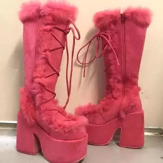 Winter Women Snow Boots Platform Wedge High Heel Faux Fur Lady Shoes Female Plush Warm Non-slip Mid Calf Boots Goth Shoes 43 red