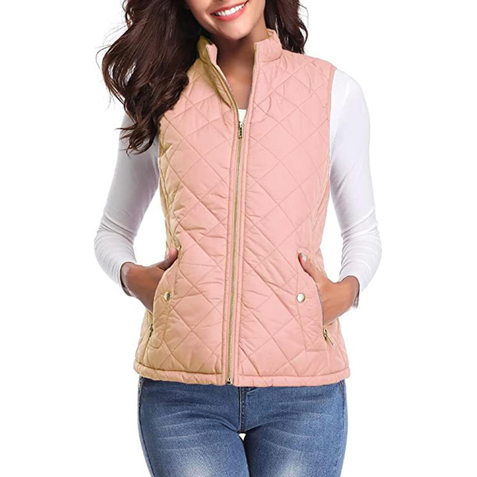 Women's Fashion Casual Solid Color Stand Collar Zipper Pocket Warm Cotton Vest Coat M pink