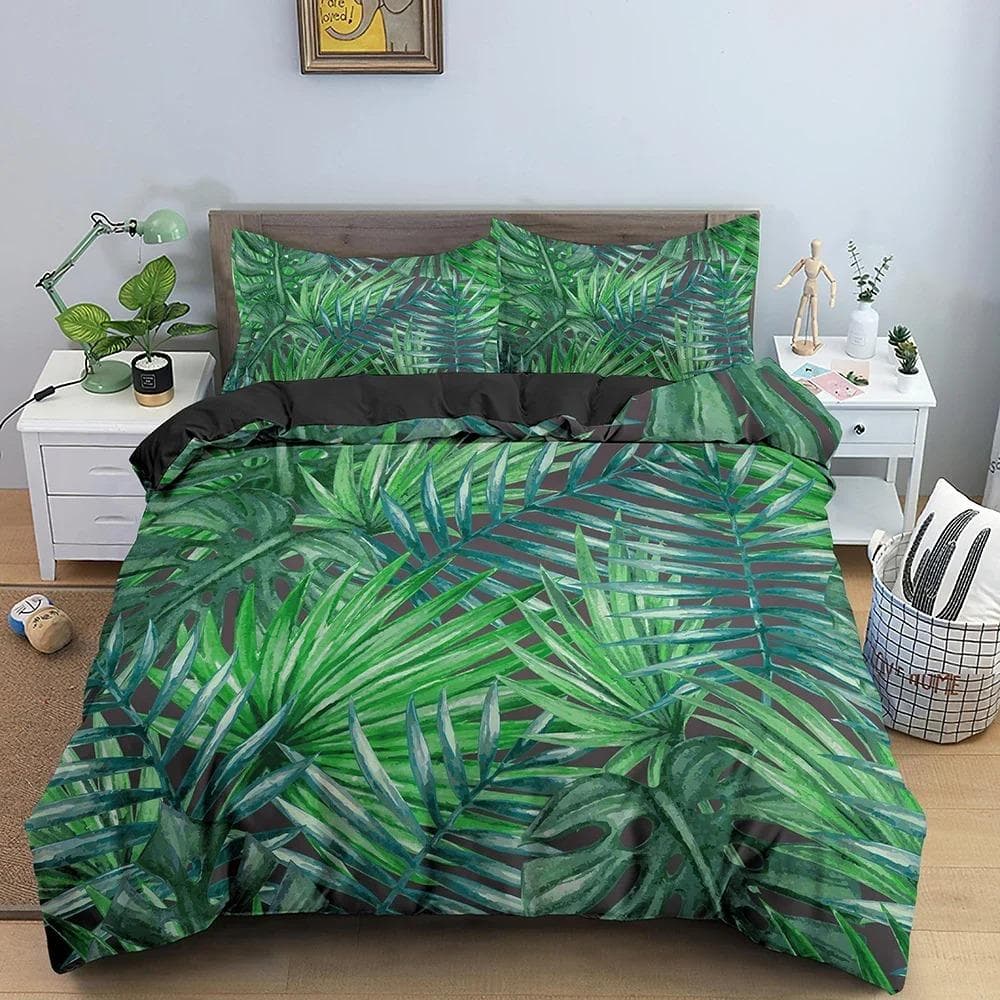 Green Plant Leaves Duvet Cover Set Floral Bedding Set Tropical Pattern Quilt Comforter Cover With Pillowcase Home Textile 70x133cm 2pcs