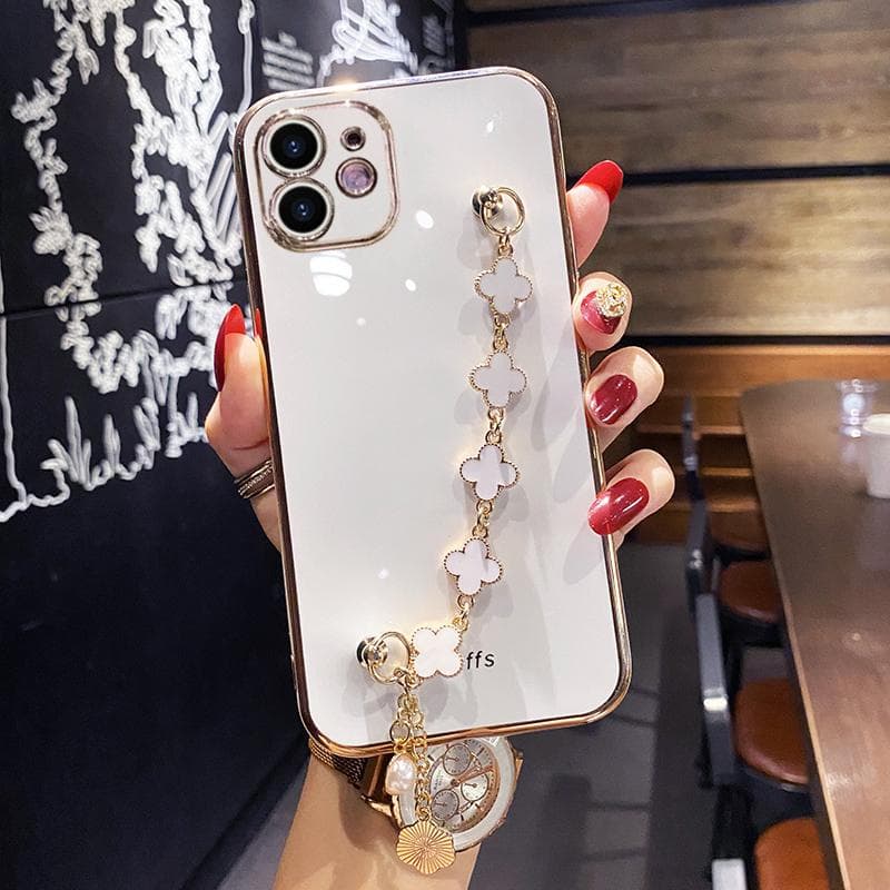 Luxury Jewelry Bracelet Chain Plating Phone Case For iPhone 16 15 14 13 12 11 Pro XS Max Mini XR X 8 7 Plus Square Protective Soft Silicone Cover iPhone 14 Plus white