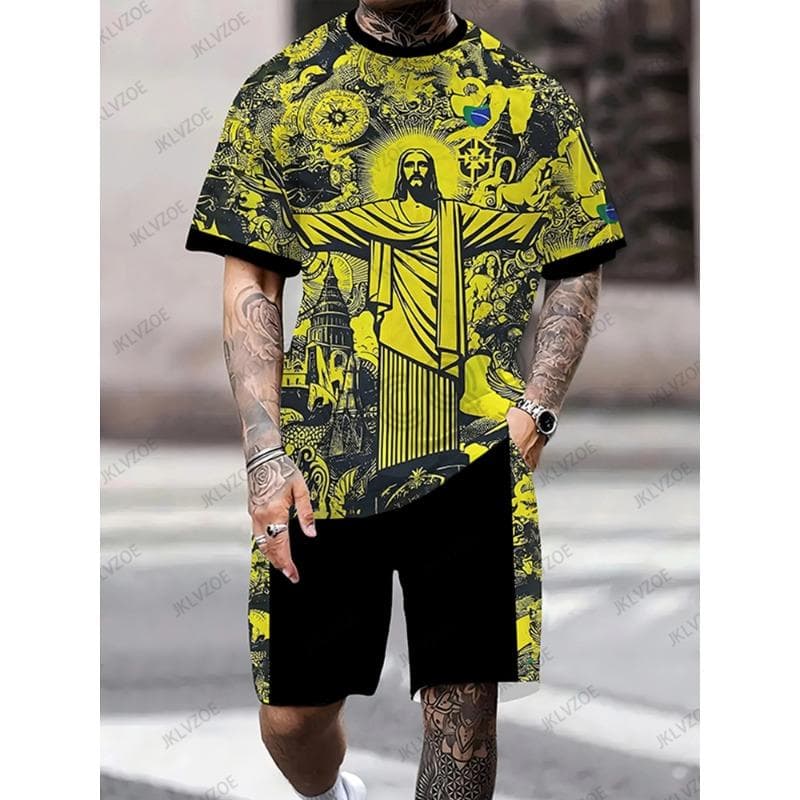 Summer Brazil Jesus Special Edition Football Jersey T-shirt+Shorts Set Sports Training Uniform Casual Kids/Adult Outfit M
