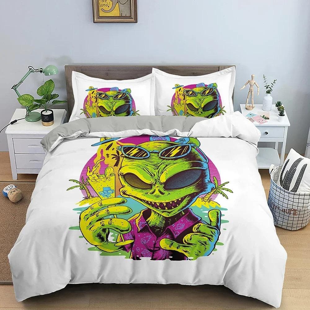 Mysterious UFO Alien Bedding Set Luxury Bedclothes Cartoon Print Polyester Duvet Cover With Pillowcase For Bedroom Decor 70x133cm 2pcs