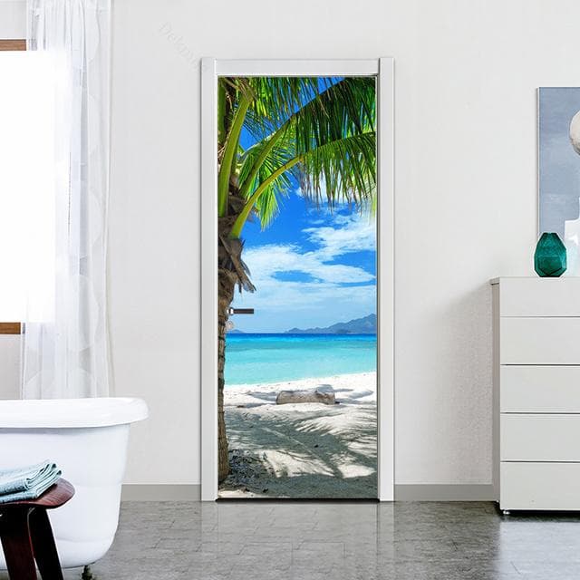 Green Forest Bridge Self-adhesive Door Wallpaper 3D PVC Home Decor Sticker Beach Sun Scenery Poster Mural Wall Decal deursticker 24