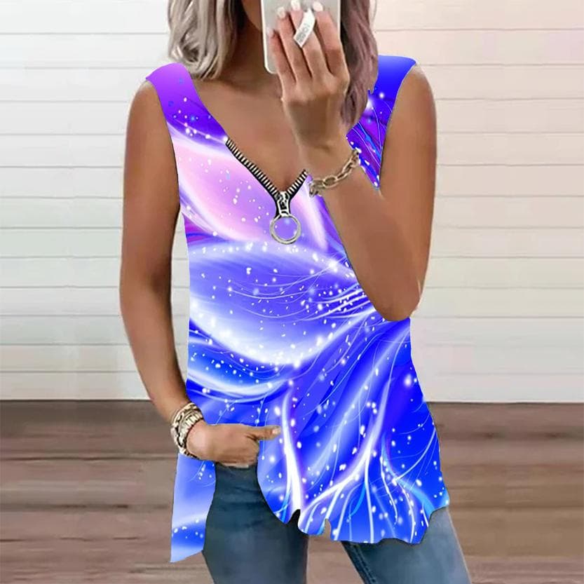 Women's Top Summer New Fashion Big Leaves Printed Casual Plus Size Sleeveless Zipper V-neck Top Tank Top for Women Summer 7XL navy blue