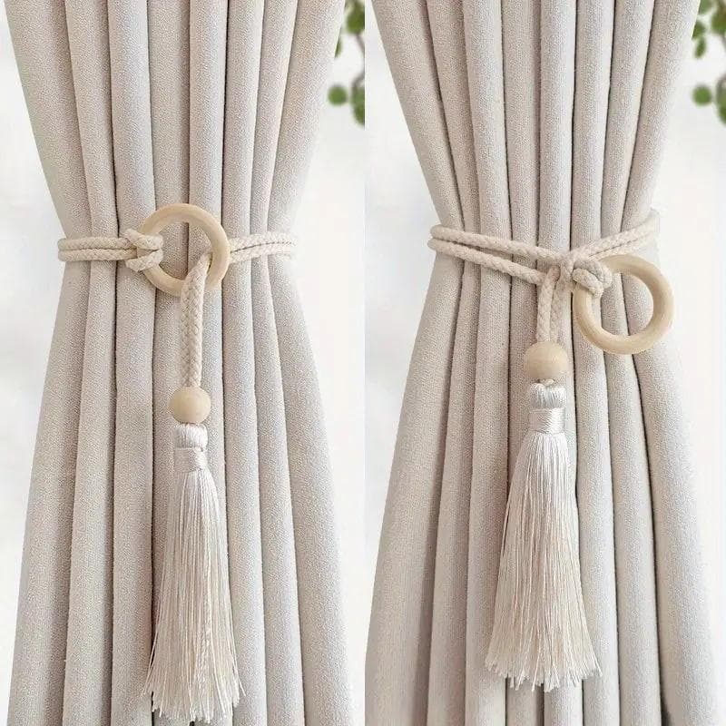 2pcs Bohemian Chic adjustable cotton cord curtain tie fringe - hand woven, log loop curtain buckle strap