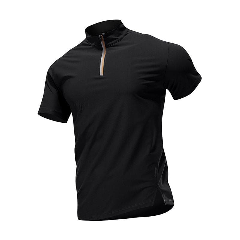 Zipper T-shirt Men's Short Sleeved Ice Silk Quick Drying Clothes Running Fitness Stretch Breathable Casual Sports Stand Up Collar T-shirt XXXL black