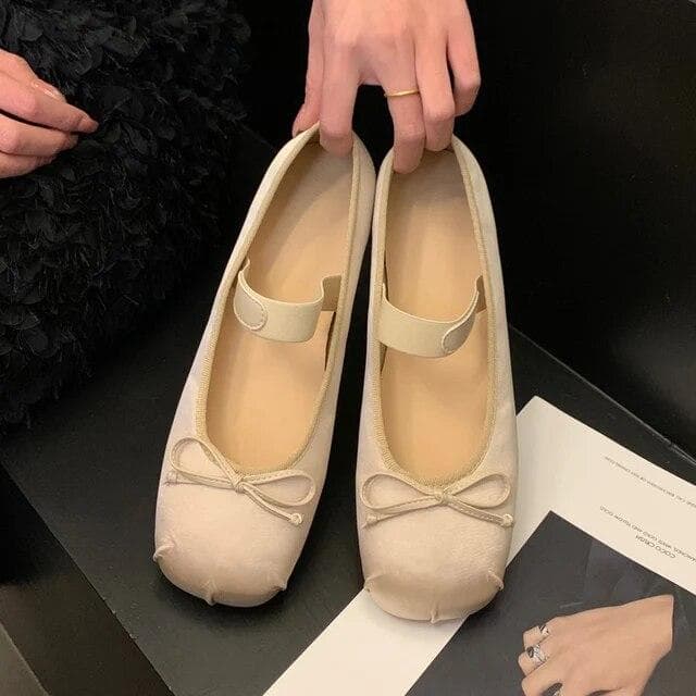 Luxury Satin Silk Ballet Shoes Woman Classic Square Toe Bowtie Elastic Band Ballerina Flats Ladies Soft Loafers 38 beige